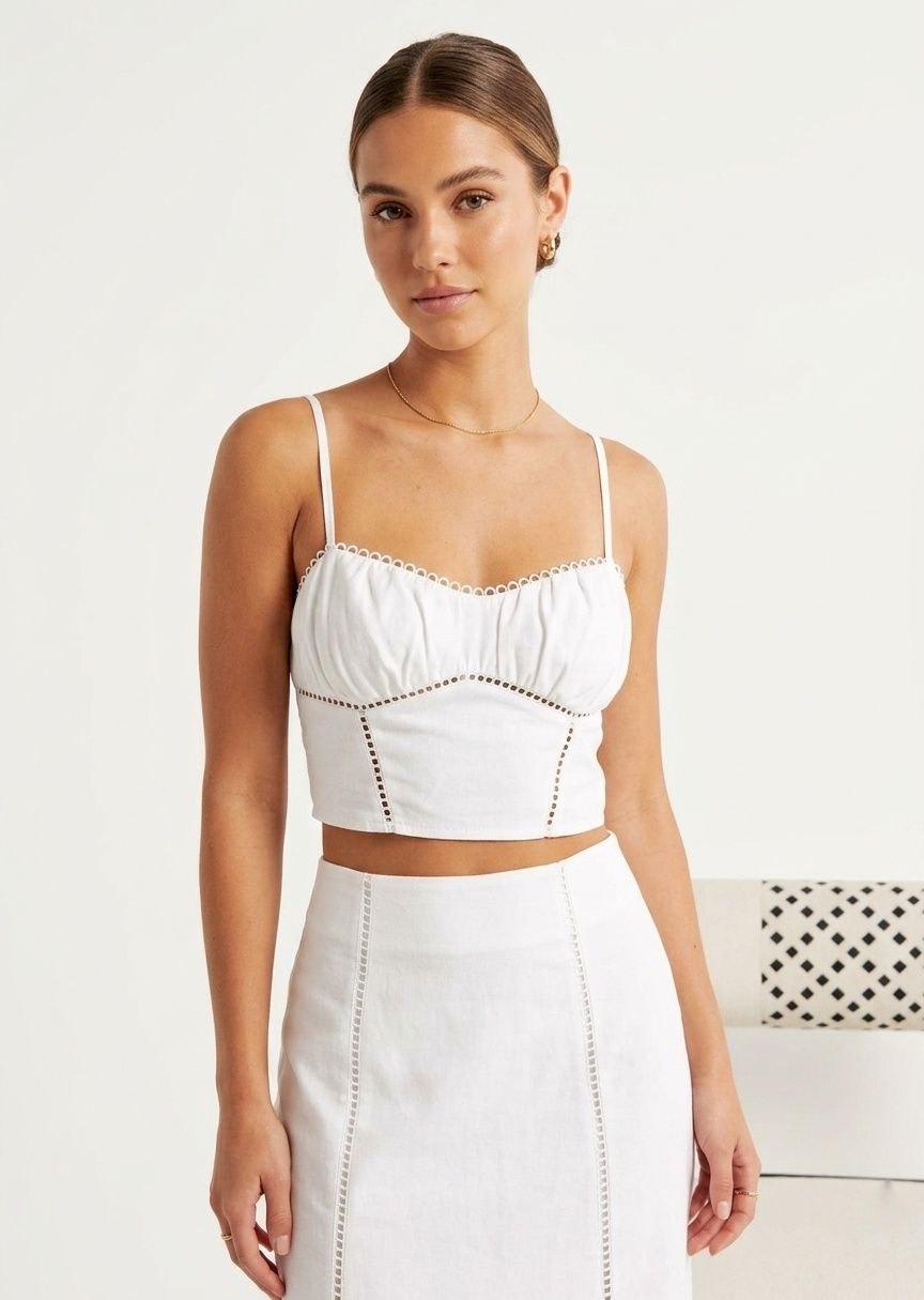 BERSHKA Linen-Look Eyelet Trim Corset Crop Top