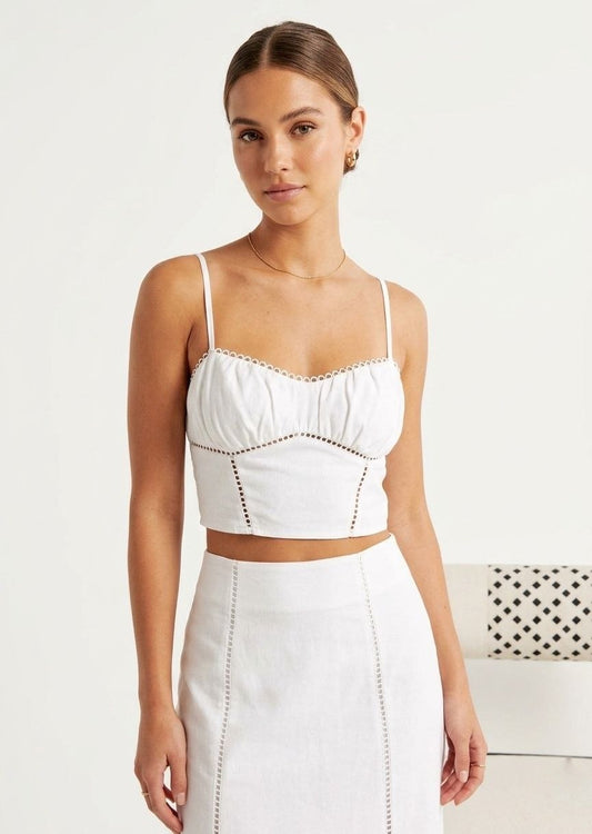 BERSHKA Linen-Look Eyelet Trim Corset Crop Top