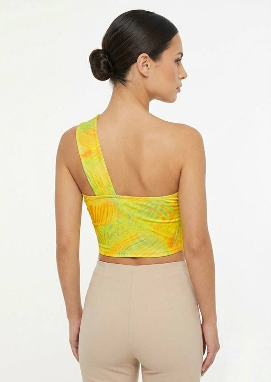 BERSHKA Tropical Print One-Shoulder Twist Front Crop Top