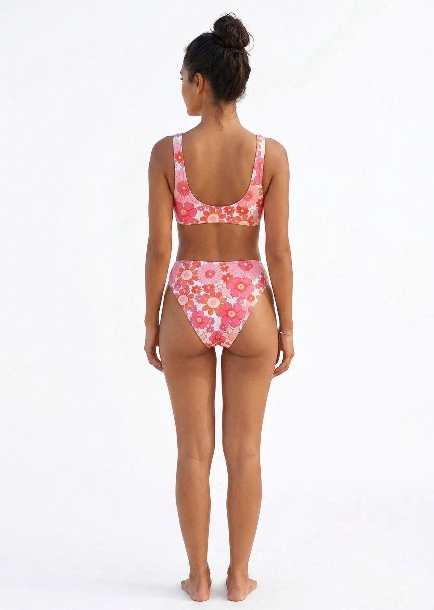 SHEIN Retro 70s Floral Scoop Neck Bikini Set with High-Cut Bottoms - Pink Multi