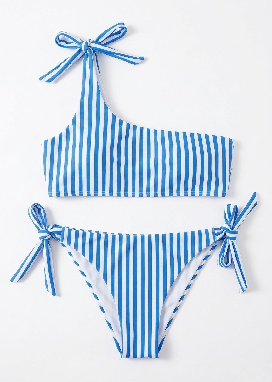 SHEIN Striped One-Shoulder Bikini Set with Side-Tie Bottoms