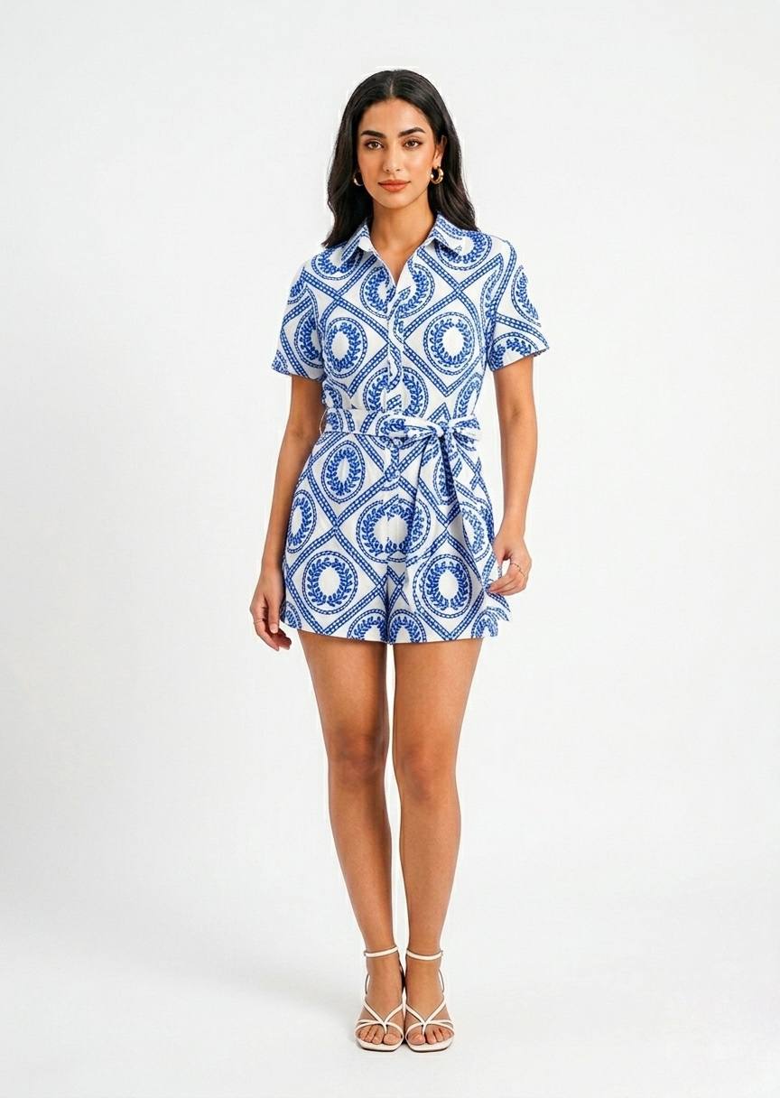 Women's Printed Short-Sleeve Belted Playsuit