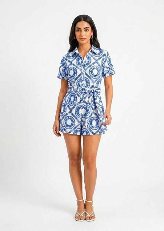 Women's Printed Short-Sleeve Belted Playsuit