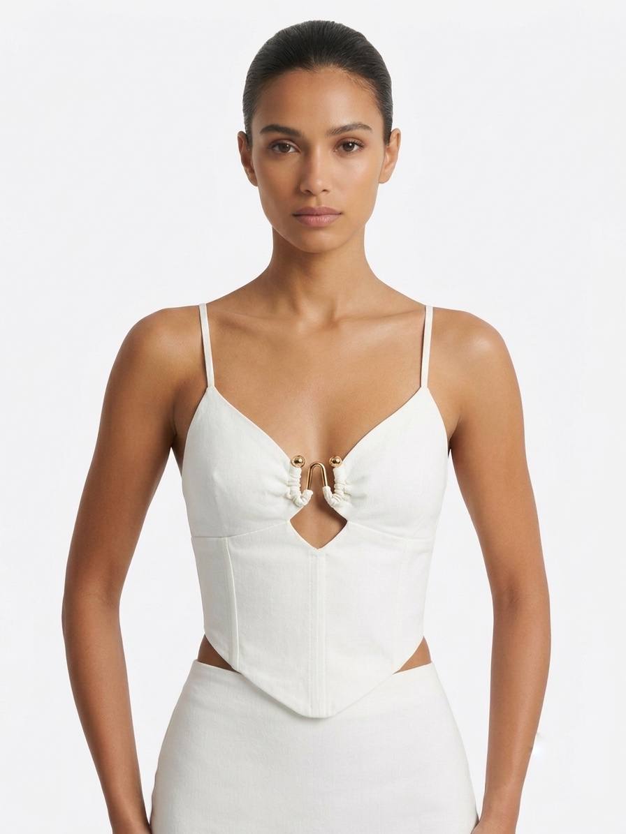 BERSHKA Elegant Corset-Style Crop Top with Gold Hardware Detail