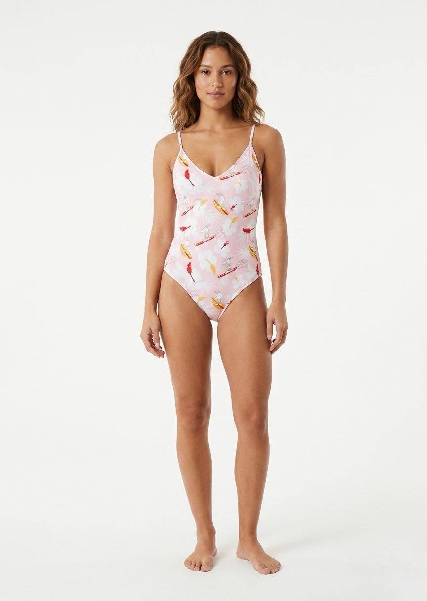 ROMWE Women's One-Piece Swimsuit - Pink Tropical Snoopy Print