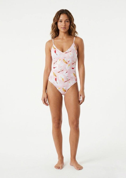 ROMWE Women's One-Piece Swimsuit - Pink Tropical Snoopy Print