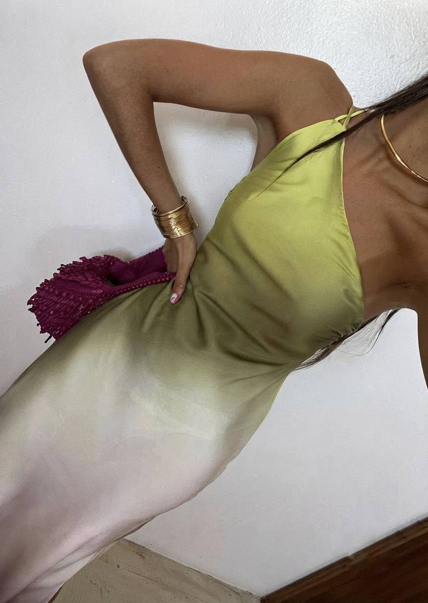 ZARA Ombré Satin One-Shoulder Maxi Dress