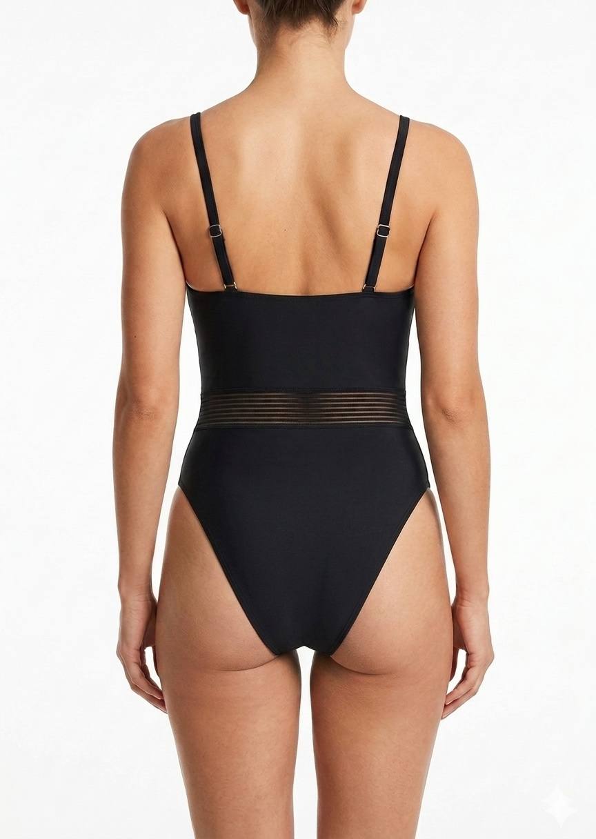SHEIN Black Mesh Insert Underwire One-Piece Swimsuit
