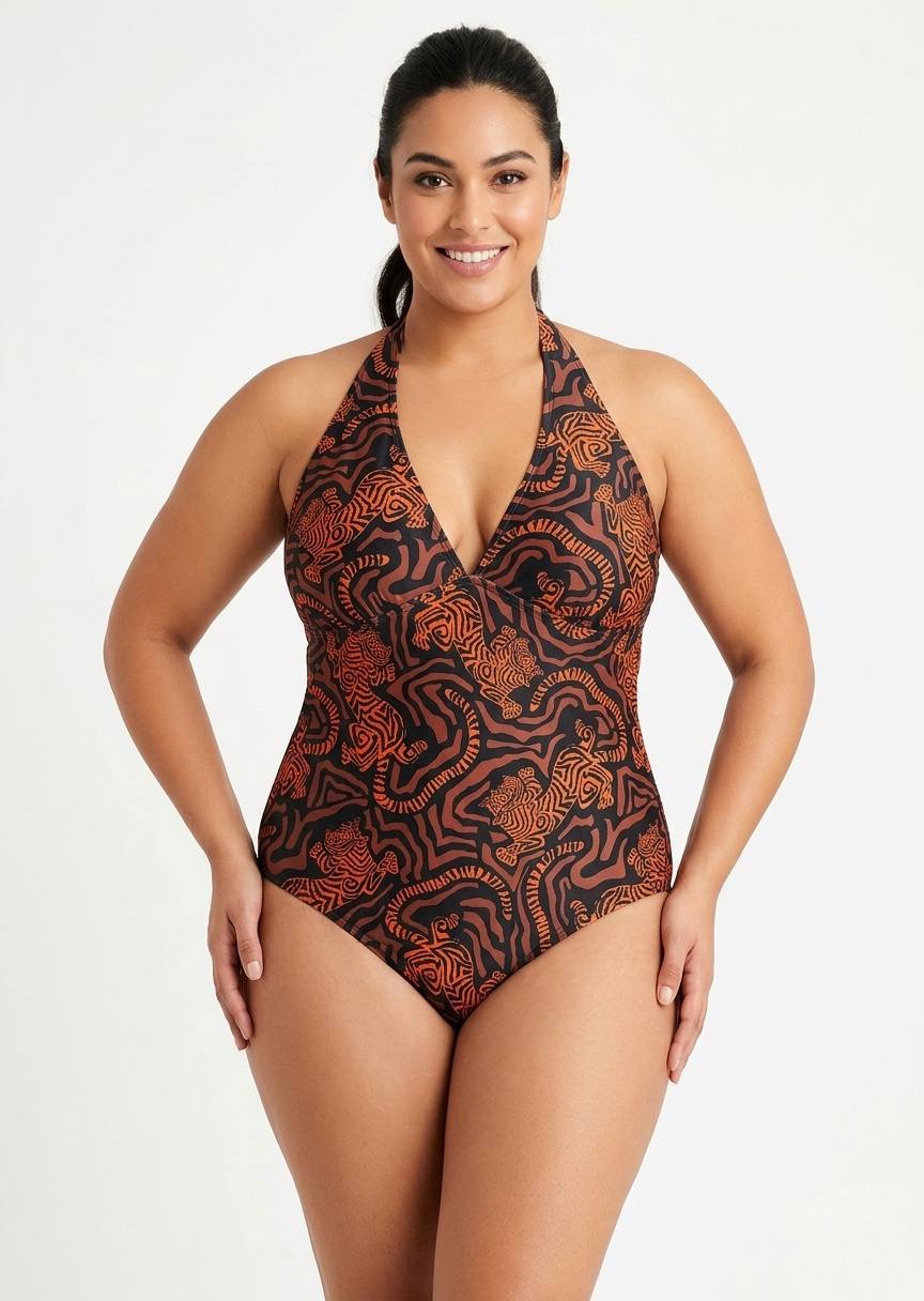 TU BRAND Tiger Print Halter One-Piece Swimsuit