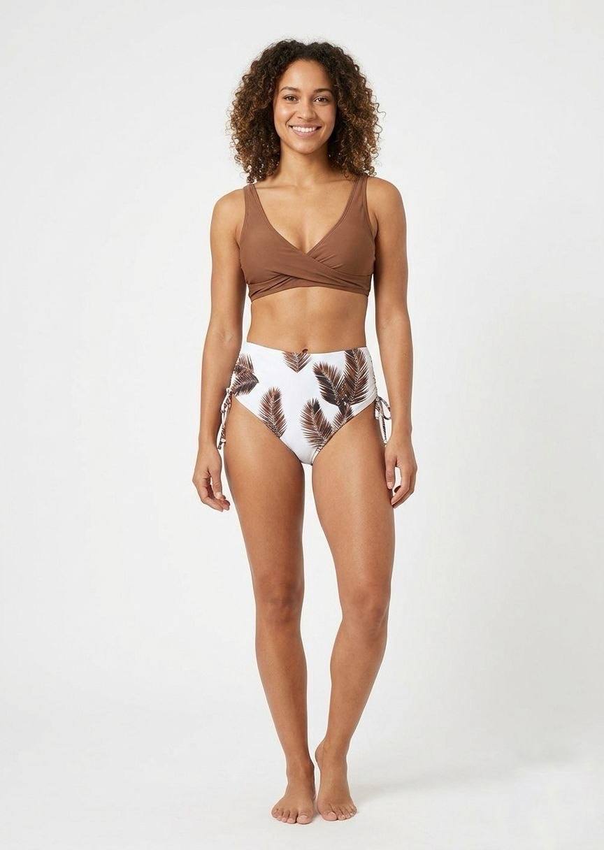 SHEIN Women’s High-Waisted Bikini Set – Brown Wrap Top & Palm Print Bottom