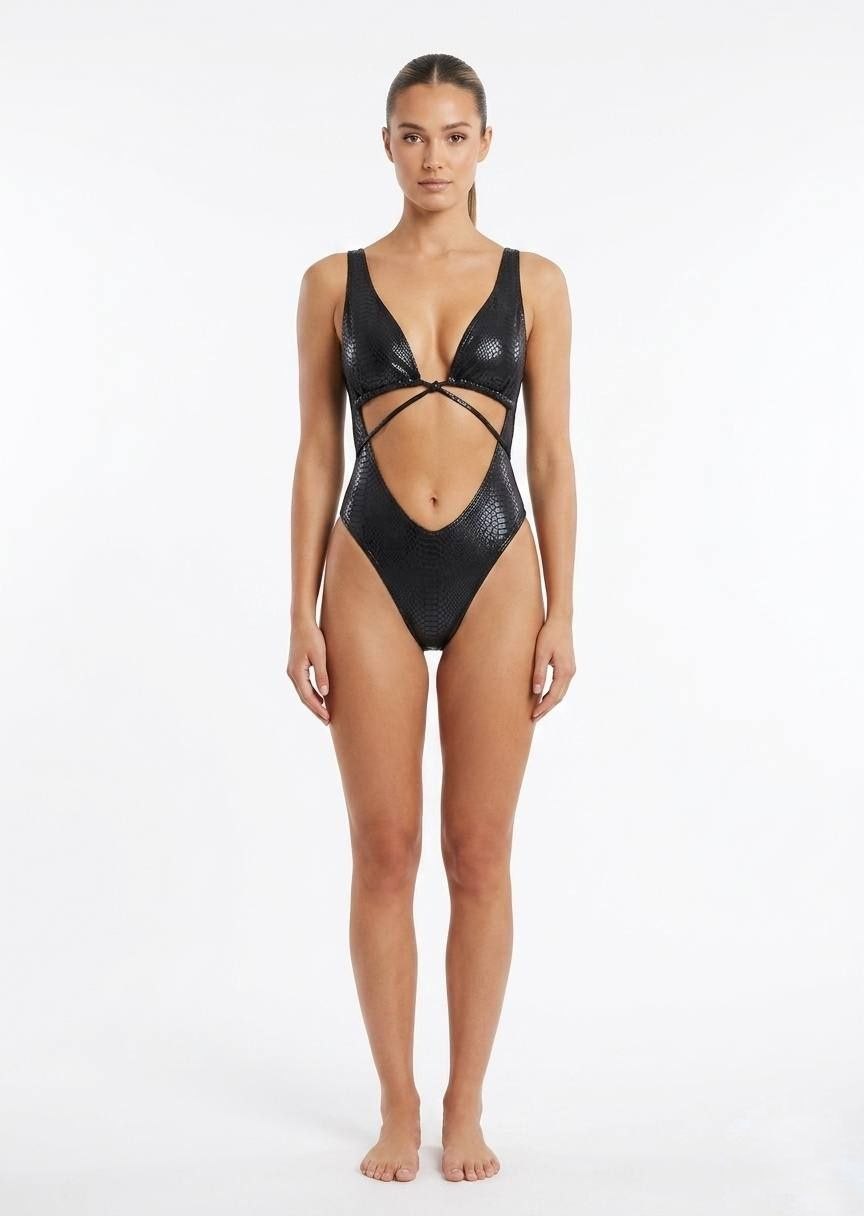 SHEIN Exotic Snakeskin Textured Cut-Out One-Piece Swimsuit