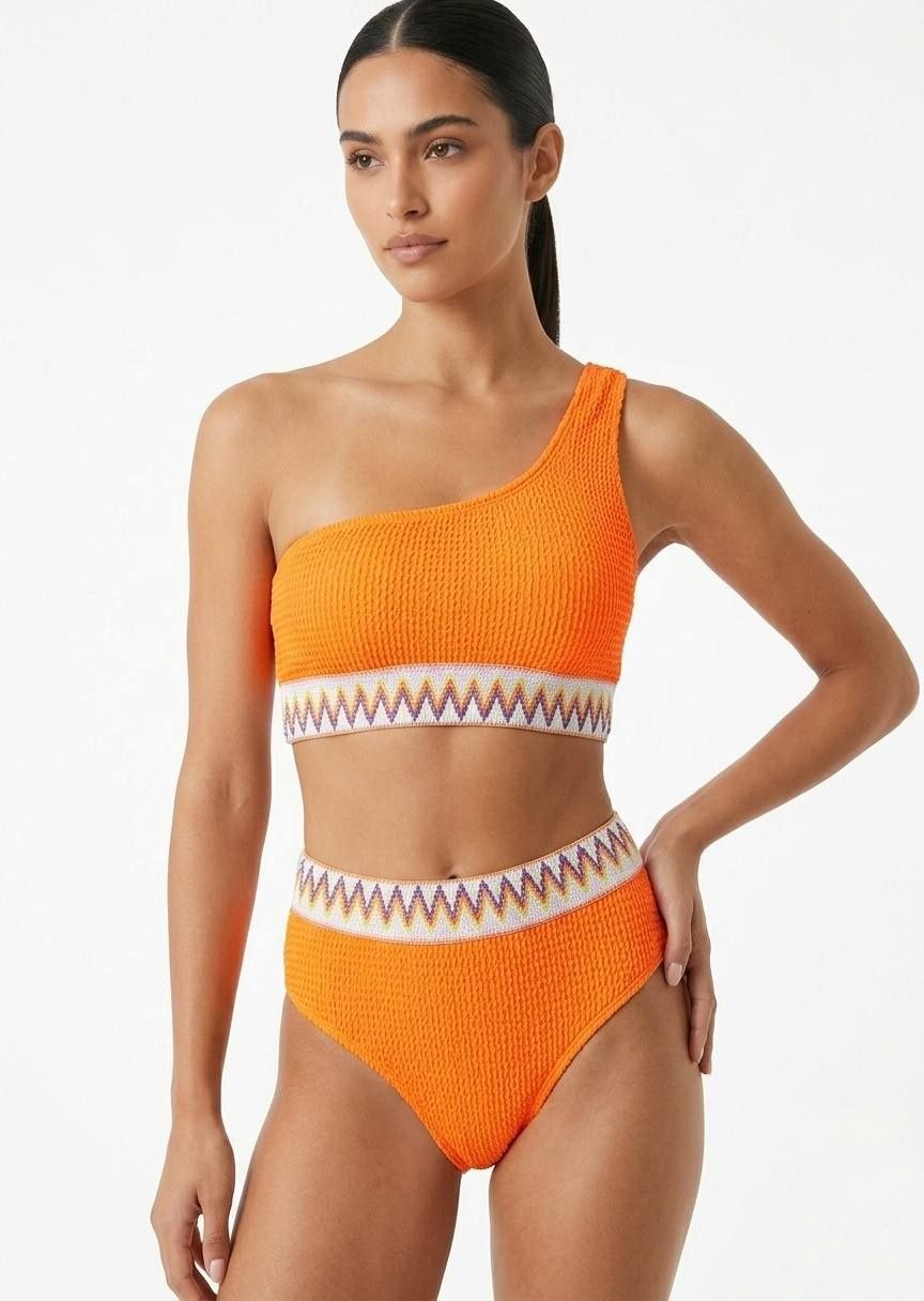 SHEIN Textured One-Shoulder High-Waisted Bikini Set - Neon Orange
