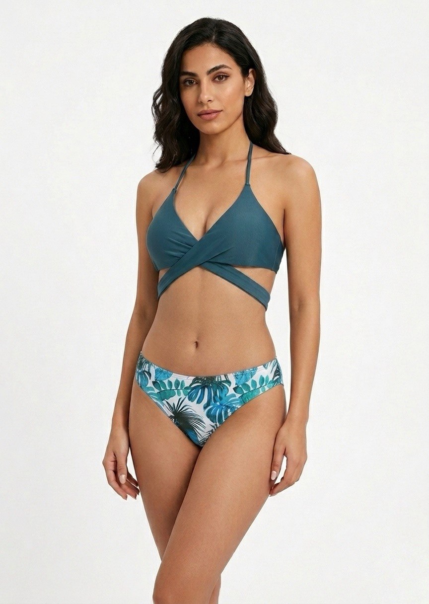 Criss-Cross Wrap Halter Bikini Set with Tropical Leaf Bottoms - Teal Blue