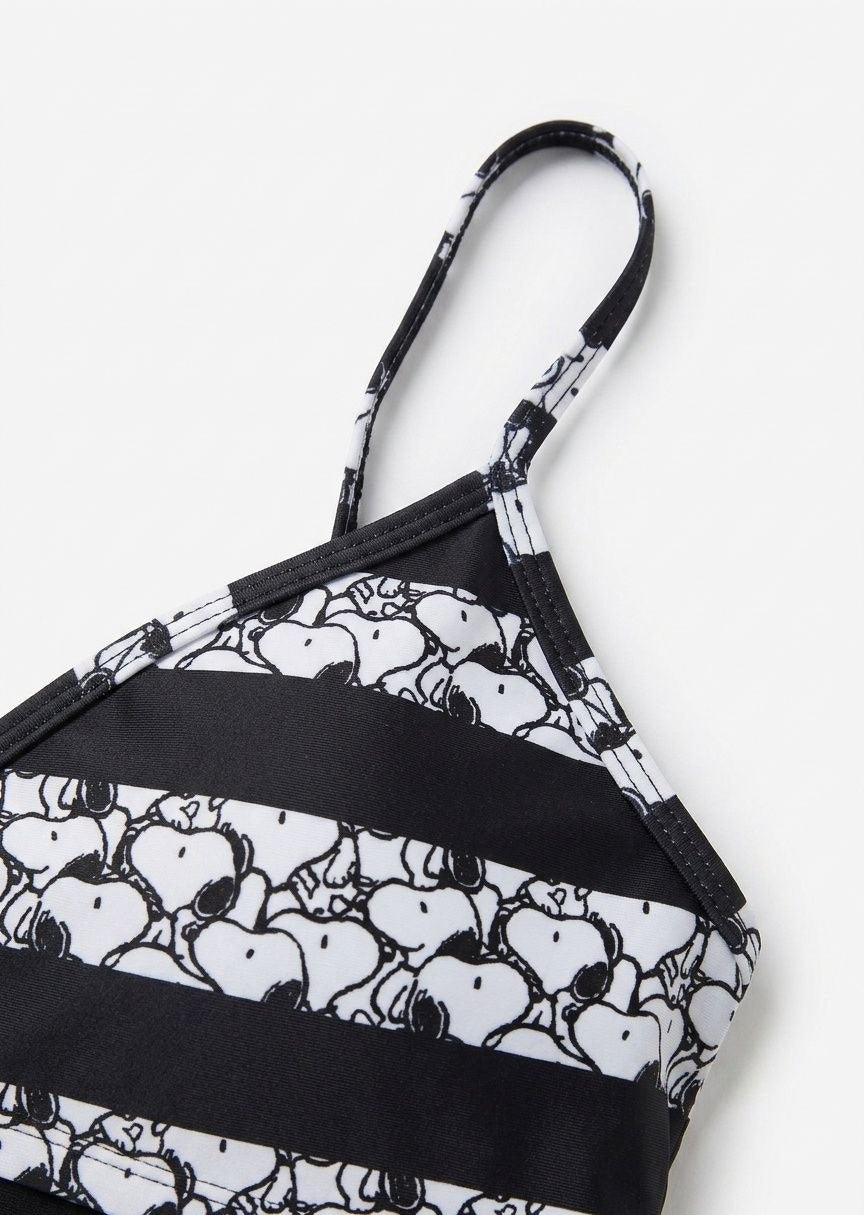 Snoopy Print Contrast Bikini Set - Black and White