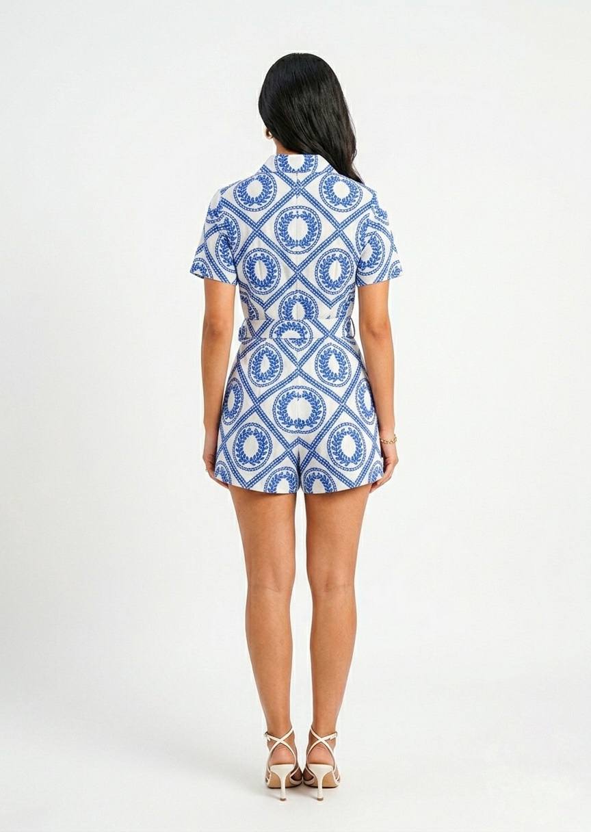 Women's Printed Short-Sleeve Belted Playsuit