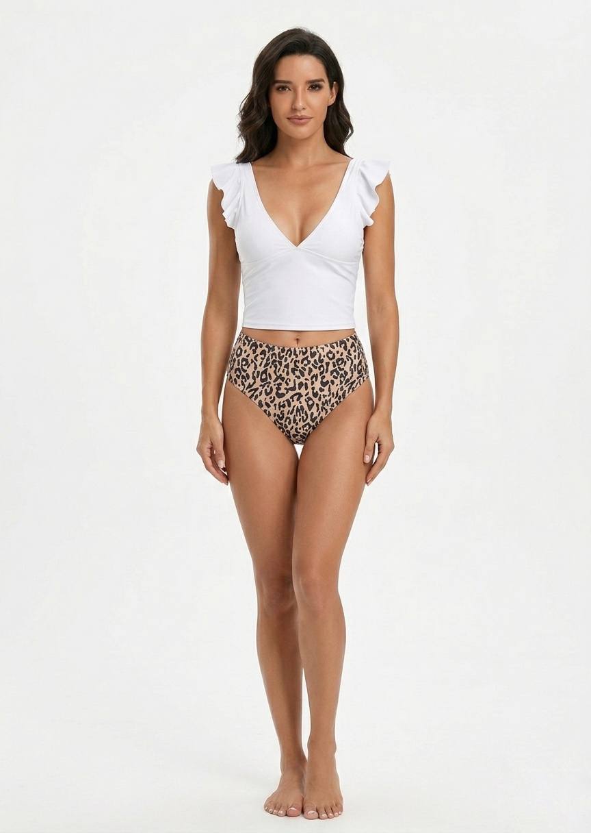 SHEIN White Ruffled Peplum Bikini Set with Leopard Print Bottoms