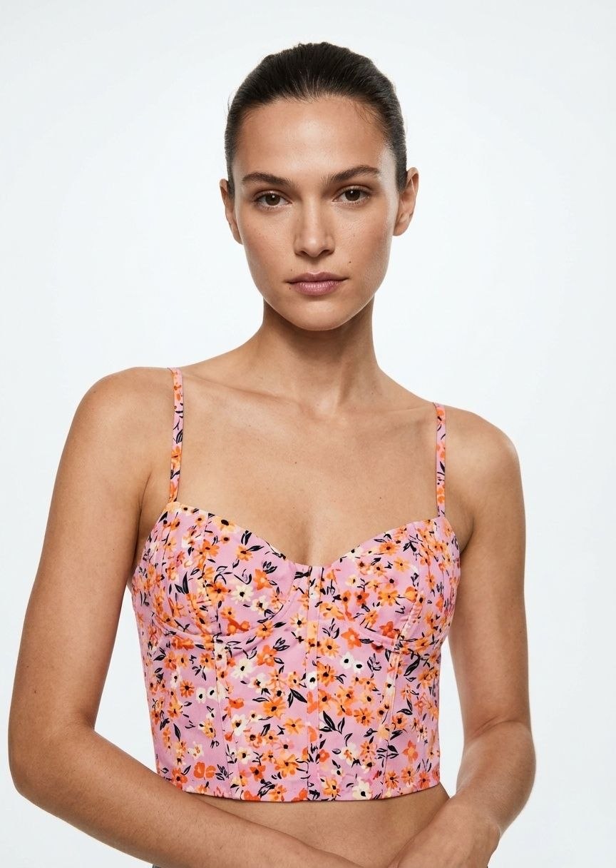 BERSHKA Women's Floral Print Bustier Crop Top