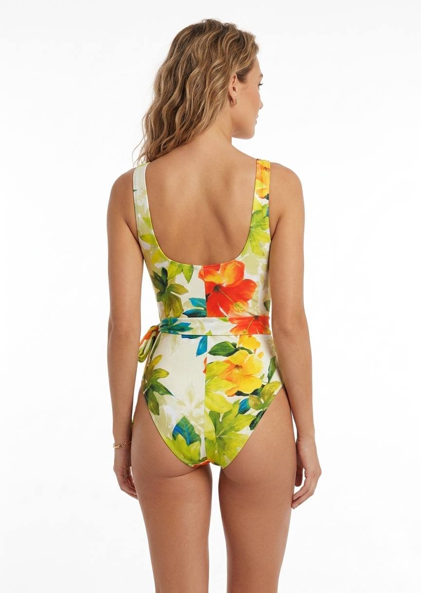 SPLASH Women’s Tropical Floral Wrap One-Piece Swimsuit with Tie-Waist