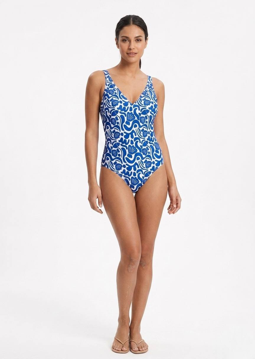 TU BRAND Patterned V-Neck One-Piece Swimsuit