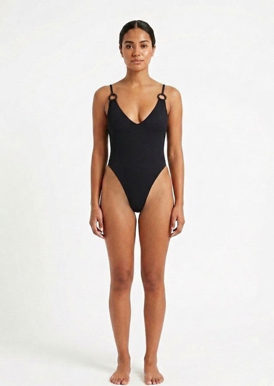 Ring Detail V-Neck High-Leg One-Piece Swimsuit