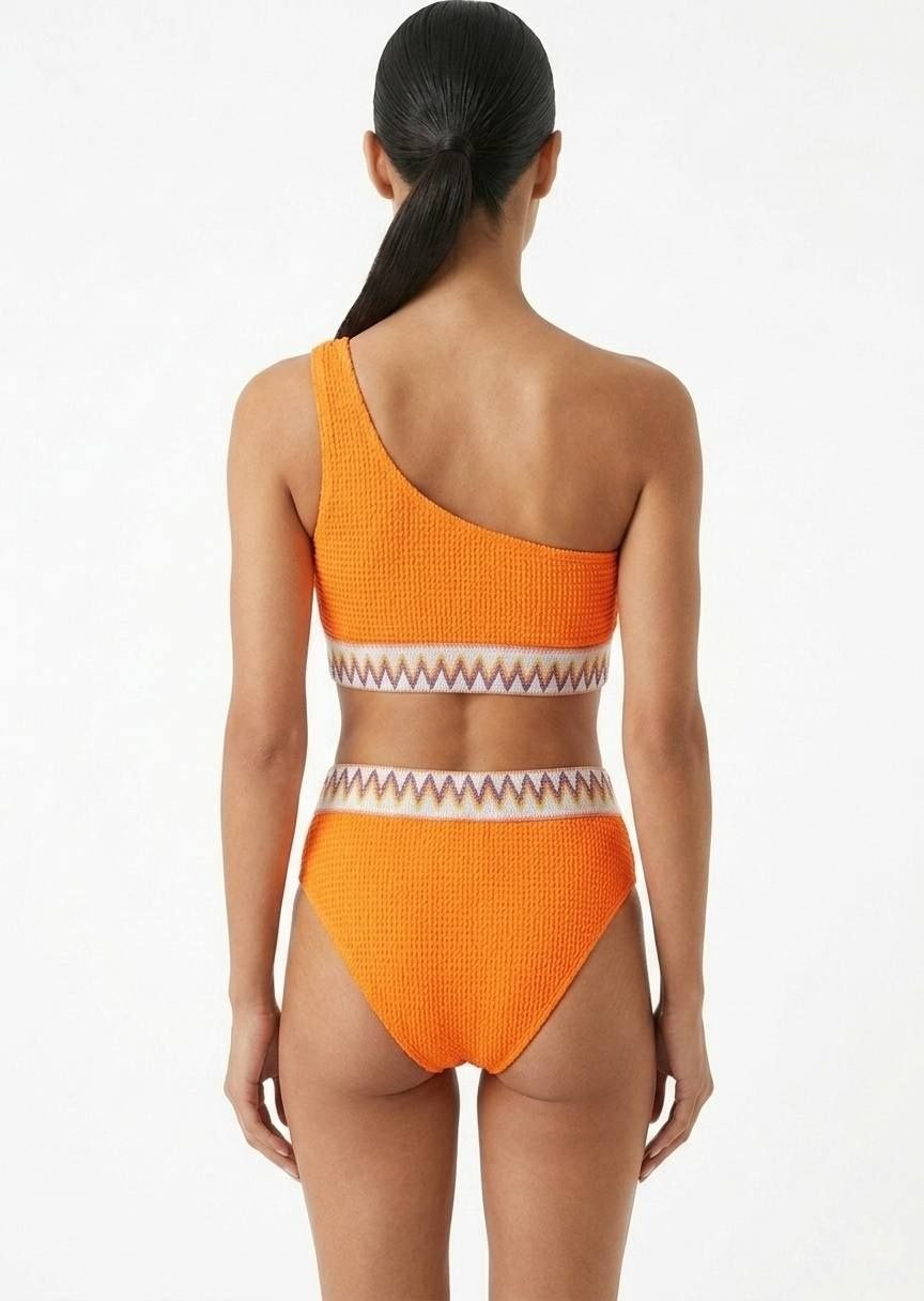 SHEIN Textured One-Shoulder High-Waisted Bikini Set - Neon Orange