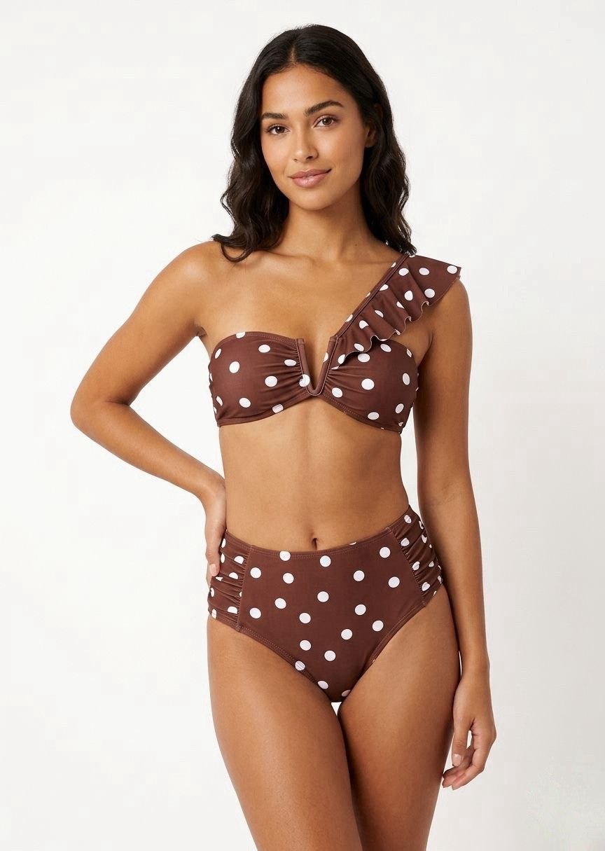SHEIN Polka Dot One-Shoulder Ruffle Bikini Set with High-Waisted Bottoms - Brown