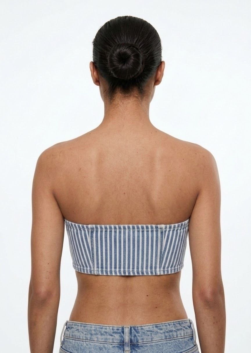 PULL&BEAR Women's Striped Denim Bandeau Crop Top