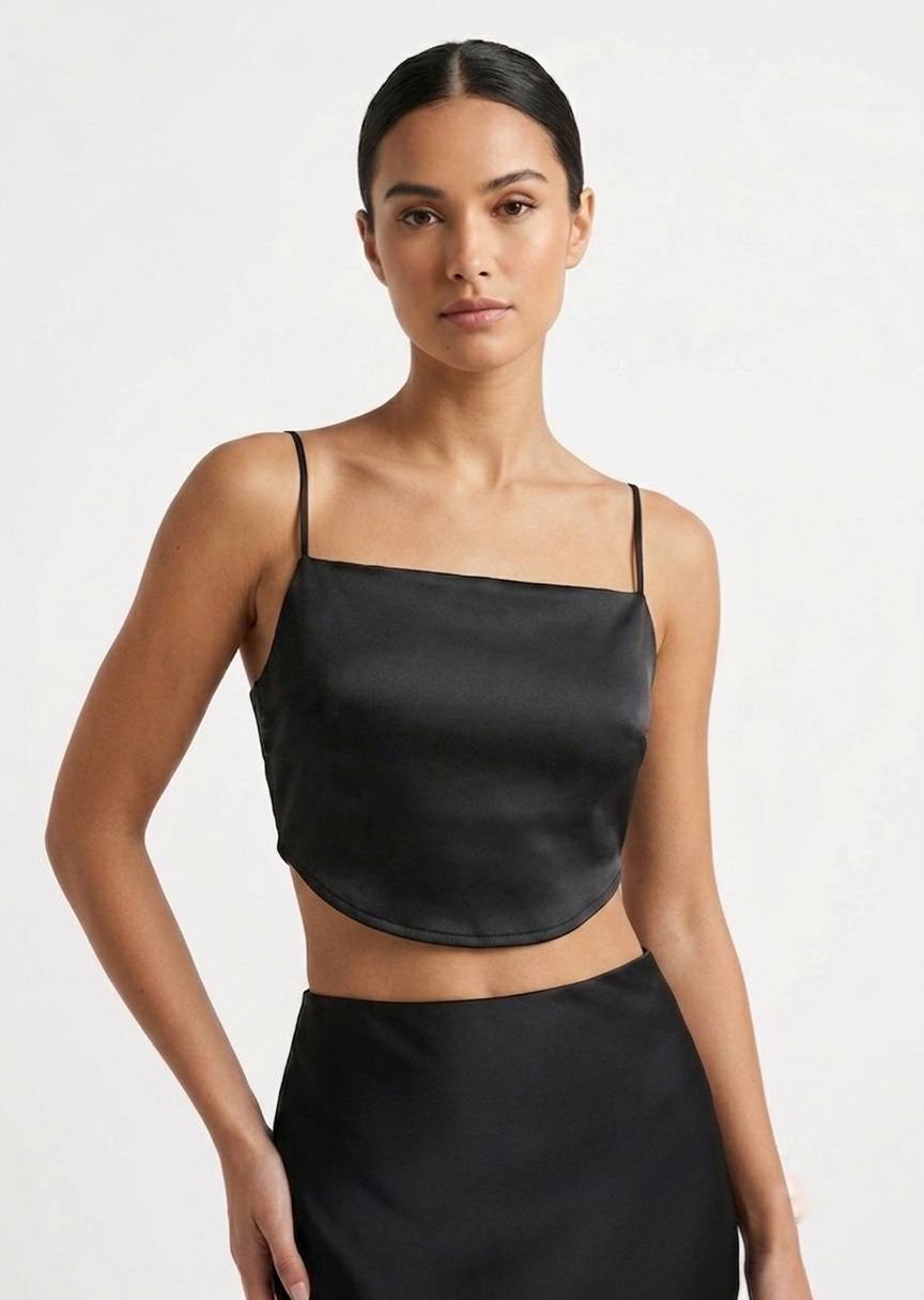BERSHKA Satin Square Neckline Crop Top with Adjustable Straps