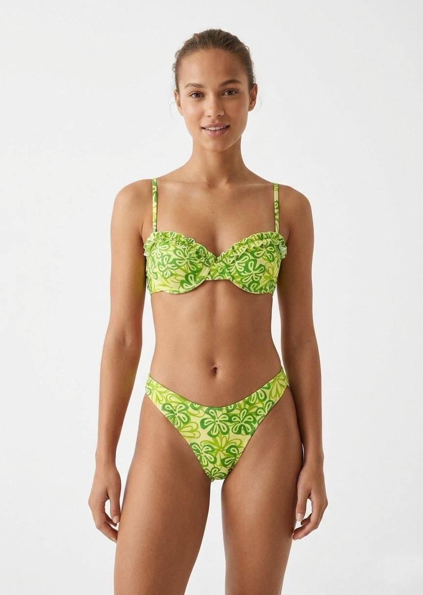 SHEIN Women's Ruffle Underwire Bikini Set - Green Floral Print