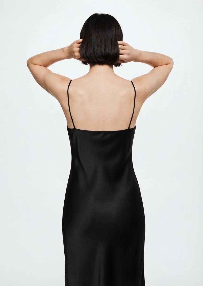 ZARA Elegant Black Satin Midi Slip Dress with Side Slit