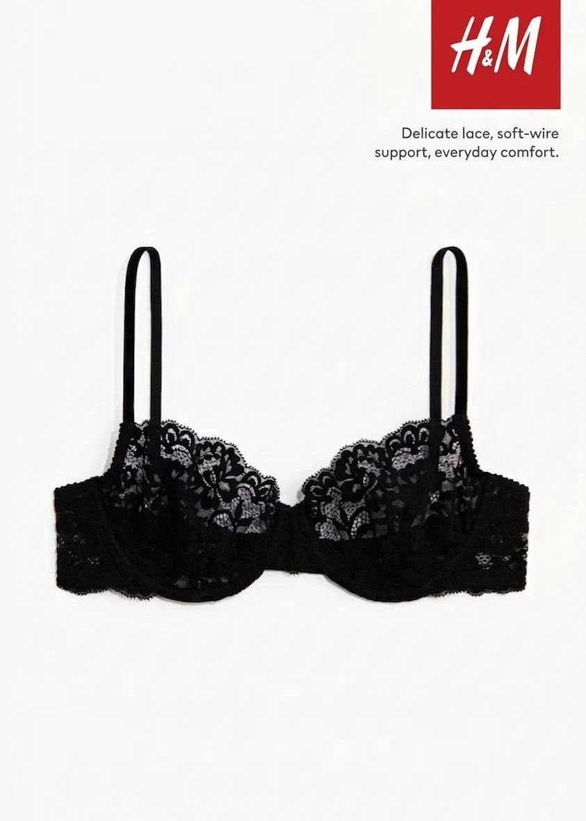 H&M Elegant Floral Lace Wireless Padded Bra – Black