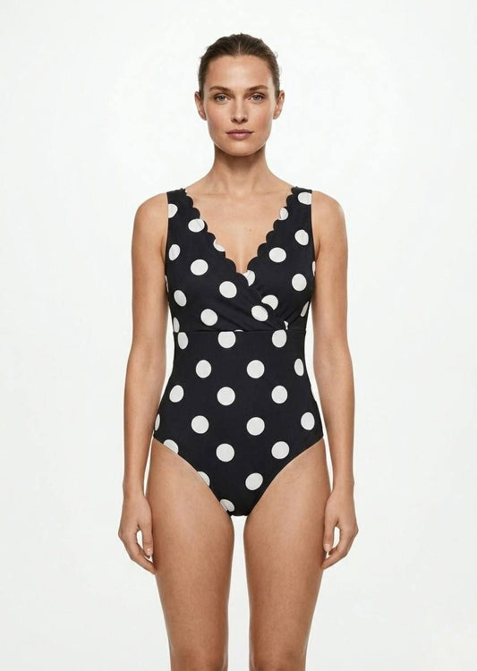 Scalloped Wrap-Front Polka Dot One-Piece Swimsuit