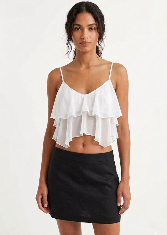 BERSHKA Layered Ruffle Mesh Cami Crop Top