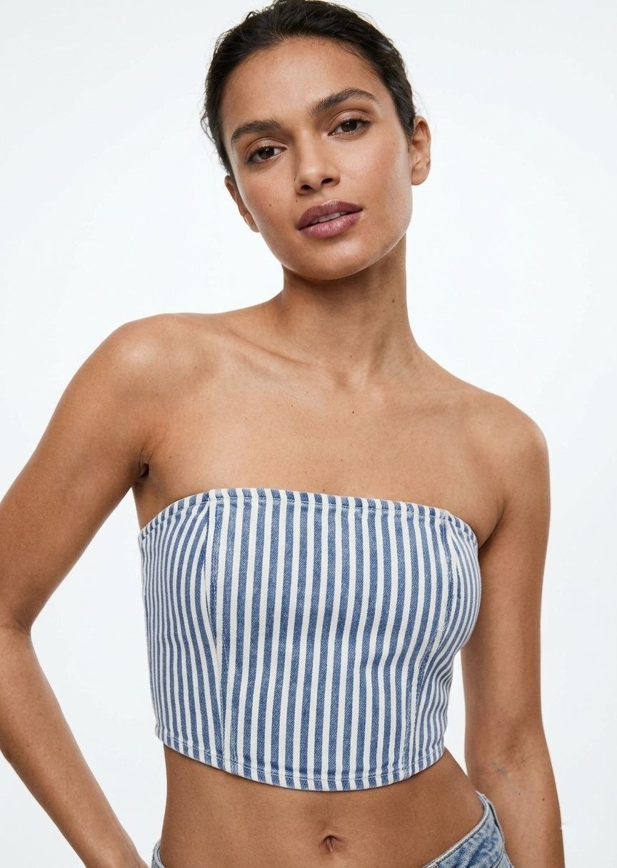 PULL&BEAR Women's Striped Denim Bandeau Crop Top
