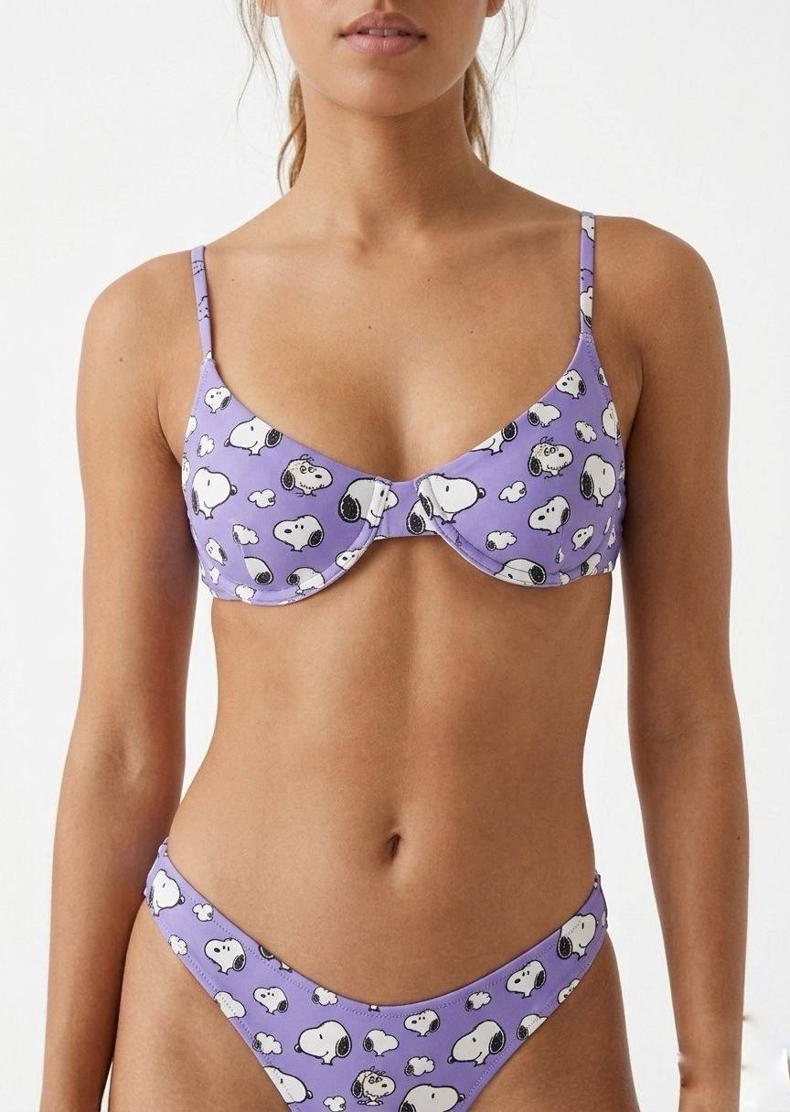 ROMWE Women's Underwire Bikini Set - Purple Snoopy Graphic Print