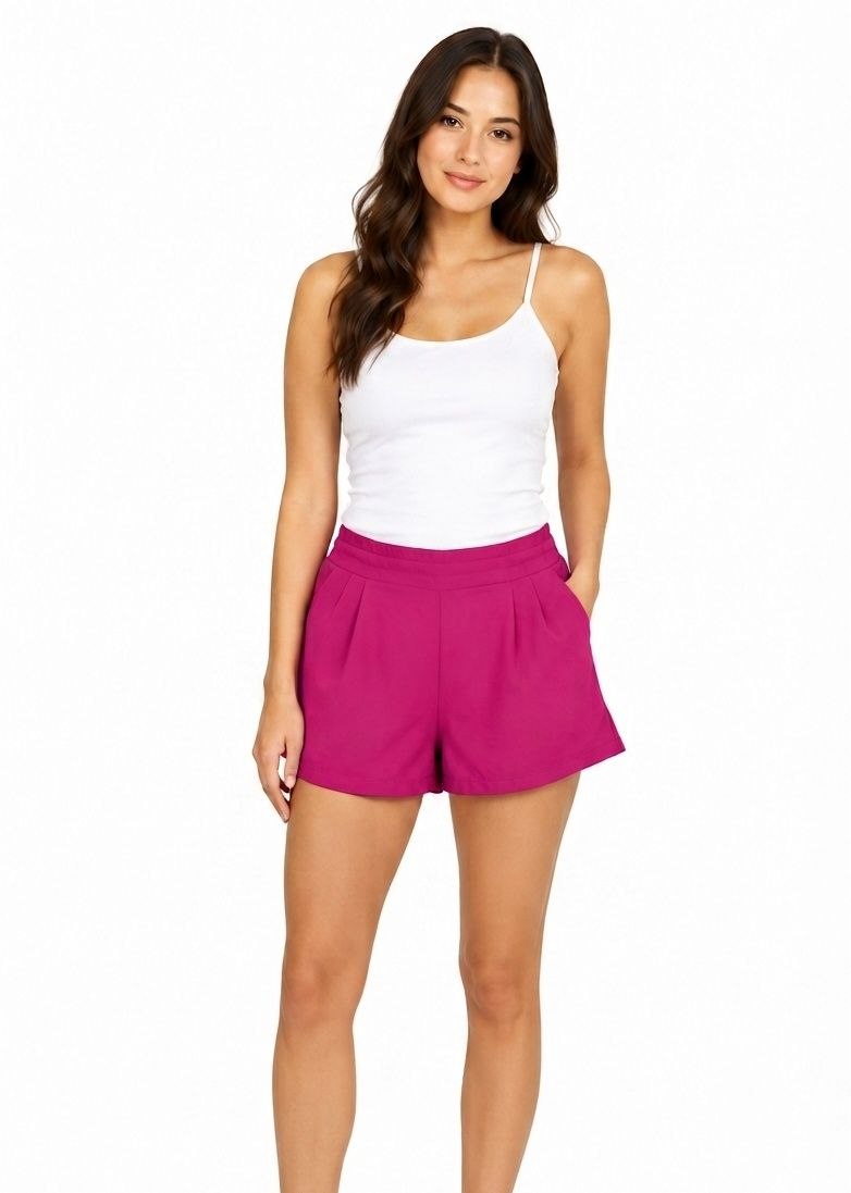 ESMARA Solid Fuchsia Pleated Casual Shorts