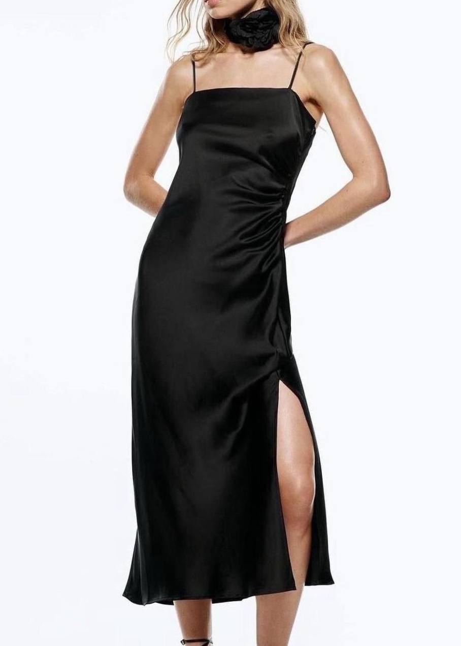 ZARA Elegant Black Satin Midi Slip Dress with Side Slit