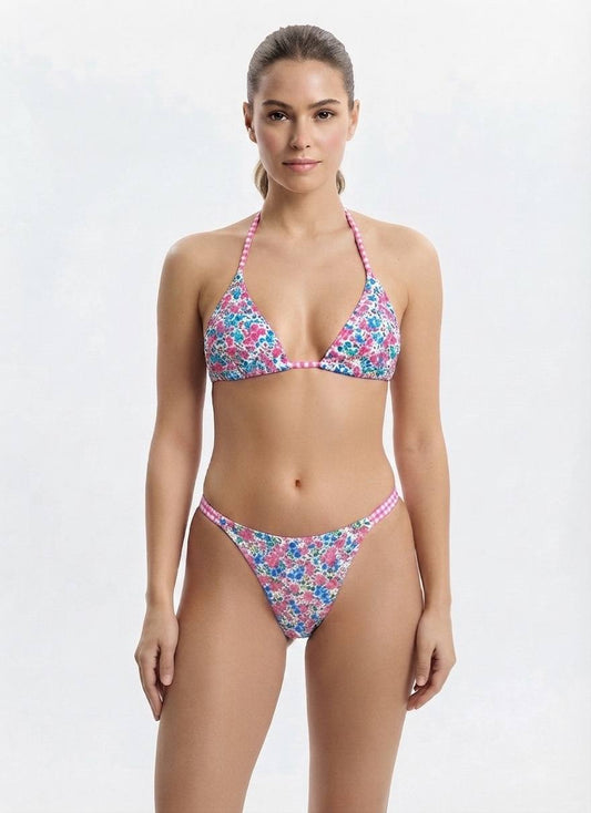 SHEIN Floral Print Bikini Set with Gingham Trim