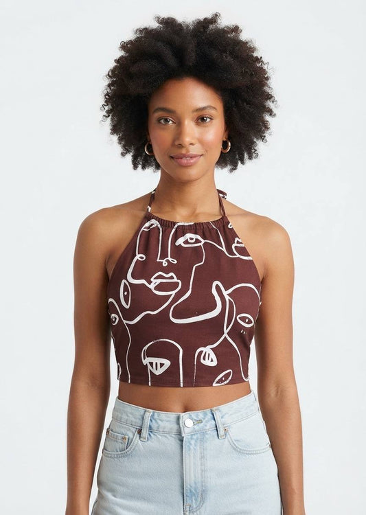 SHEIN Abstract Face Print Tie-Back Halter Crop Top