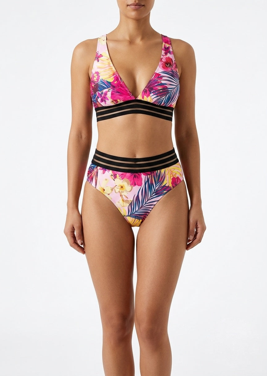 SHEIN Tropical Print Mesh Detail Bikini Set