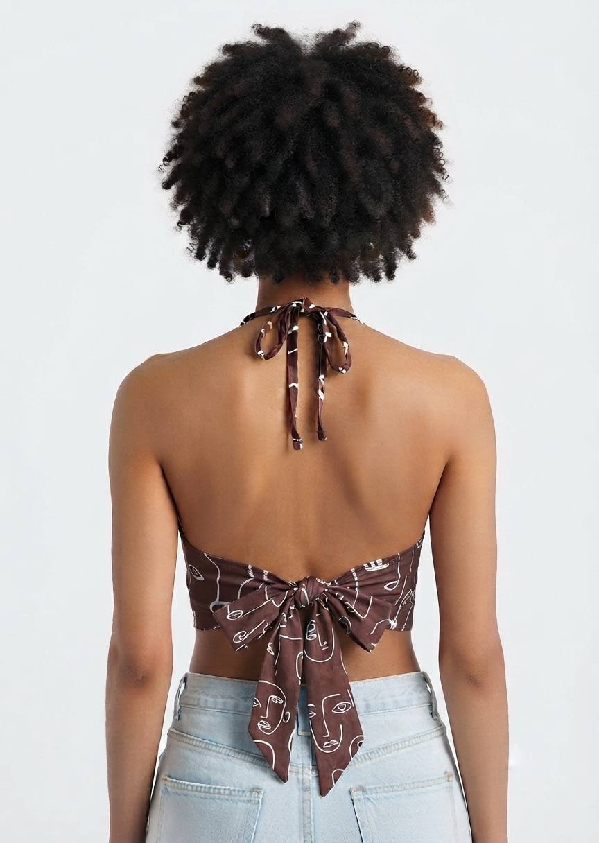 SHEIN Abstract Face Print Tie-Back Halter Crop Top