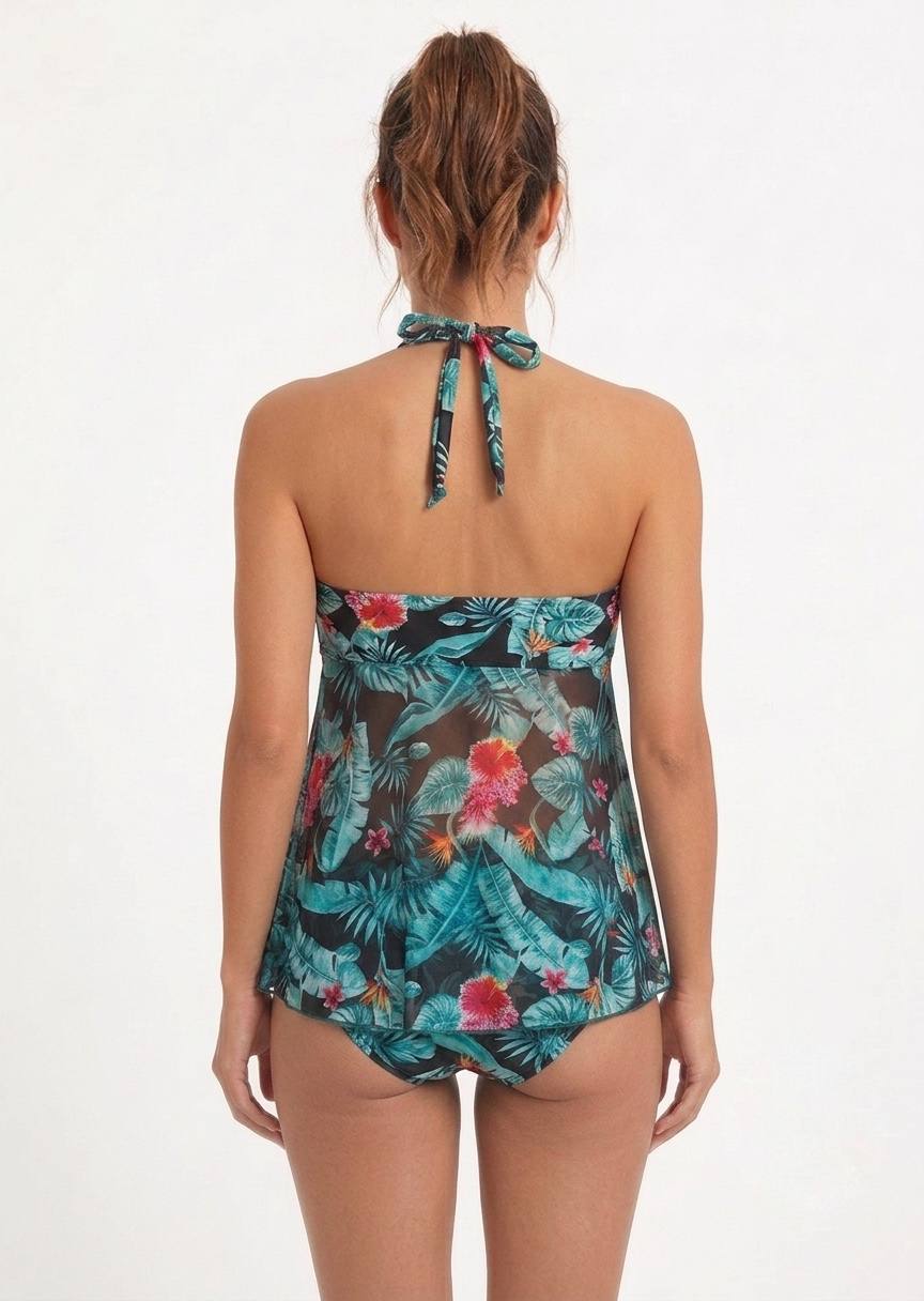 SHEIN Tropical Floral Halter Tankini Swimsuit