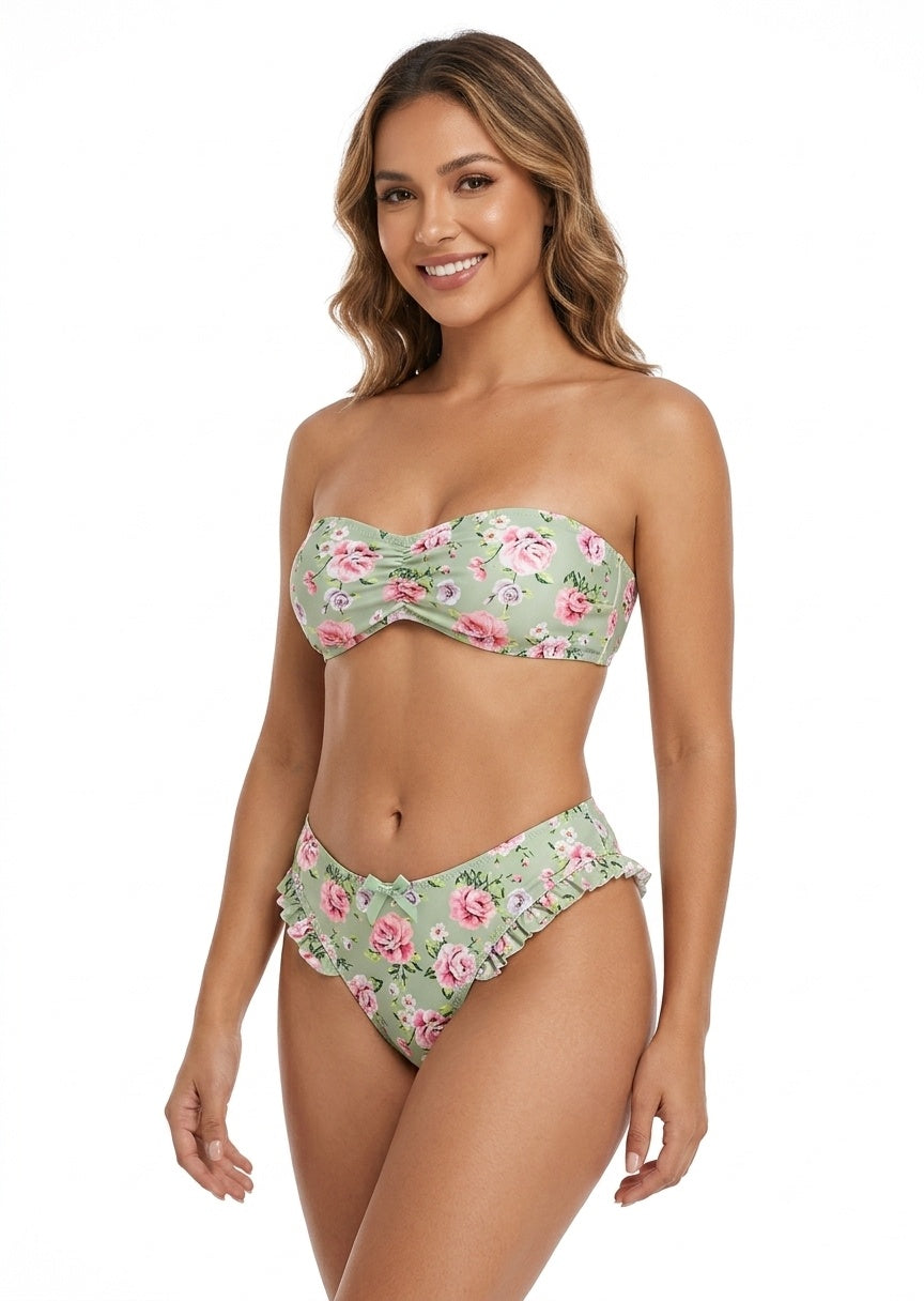 SHEIN Floral Bandeau Bikini Set with Ruffle Trim