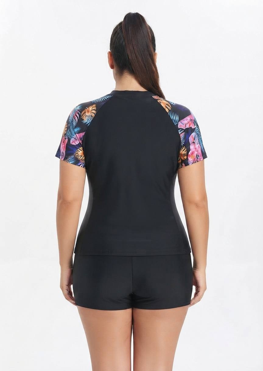 SHEIN Floral Print Short Sleeve Zip-Up Rash Guard Swimsuit Set