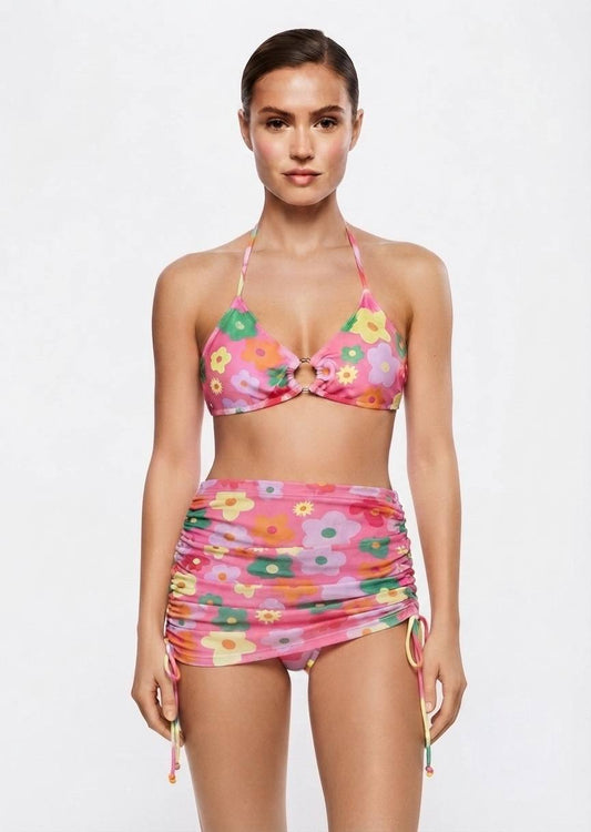 SHEIN Floral Print Bikini Set with Adjustable Ruched Skirt