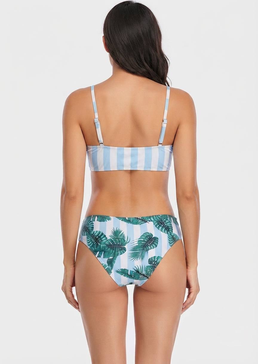 SHEIN Tropical Leaf Print Striped Bikini Set