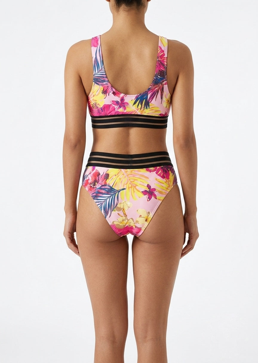 SHEIN Tropical Print Mesh Detail Bikini Set
